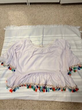 White multi-color Tassel-Trim Peplum Blouse